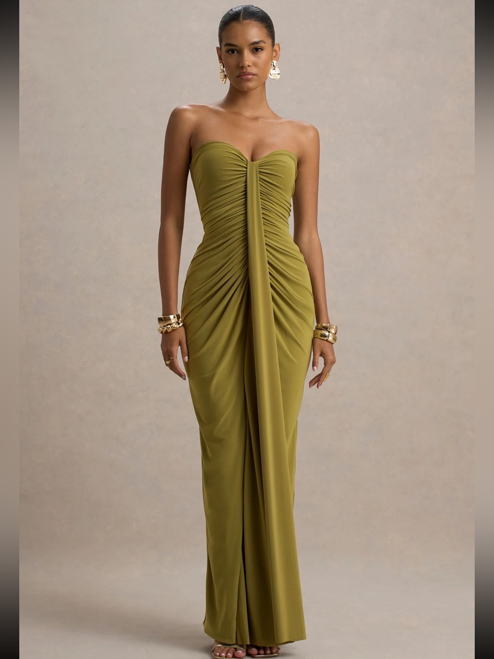 Club L London Strapless Olive Green Ruched Gown